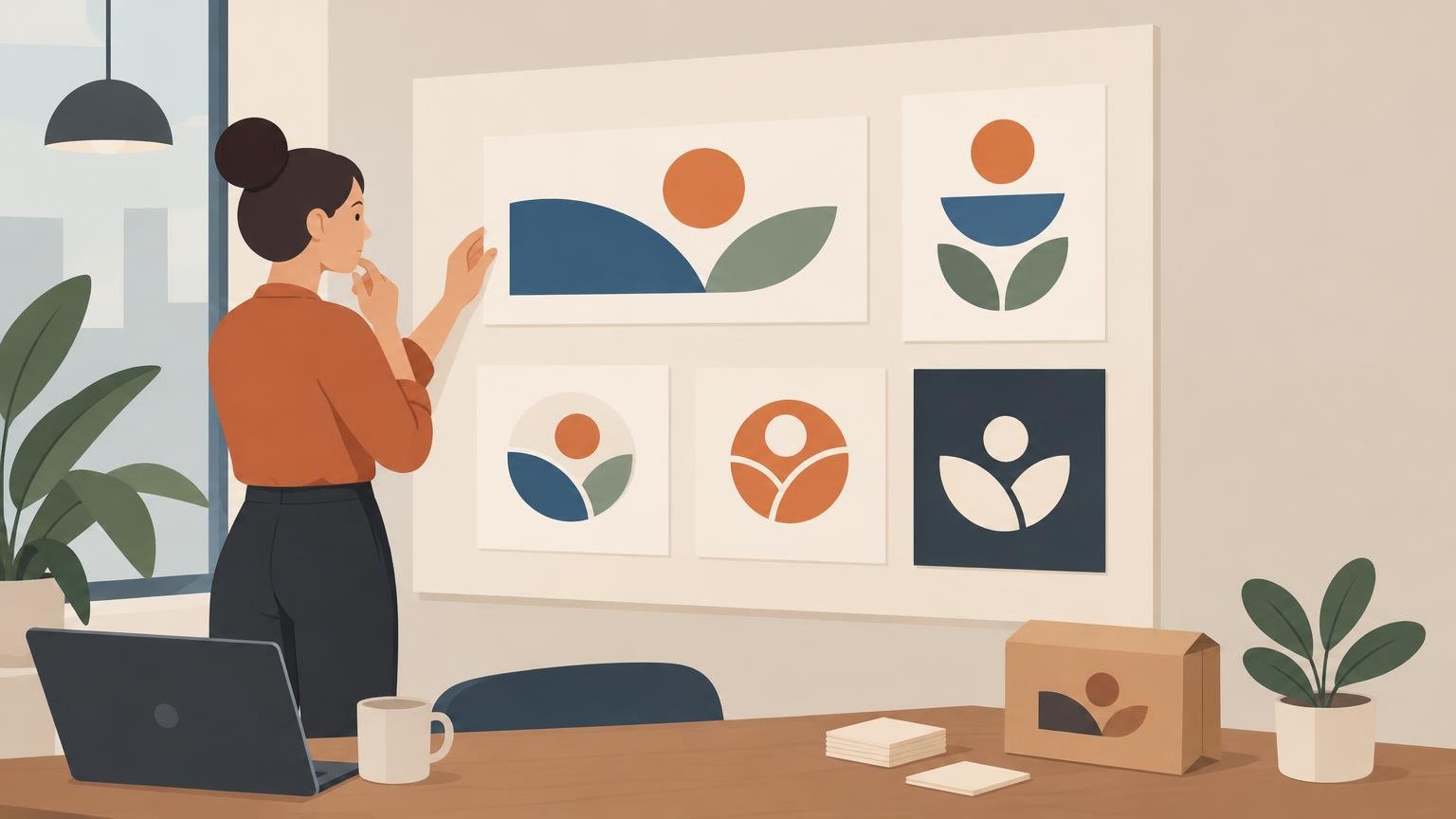 Flat editorial illustration of a woman reviewing several coordinated abstract logo variations displayed on a studio wall, with a laptop, coffee mug, packaging box, and plants on a desk.
